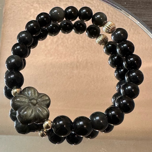 100% Natural Black onyx obsidian and 14k gold filled bead bracelet in 8mm - Picture 7 of 8